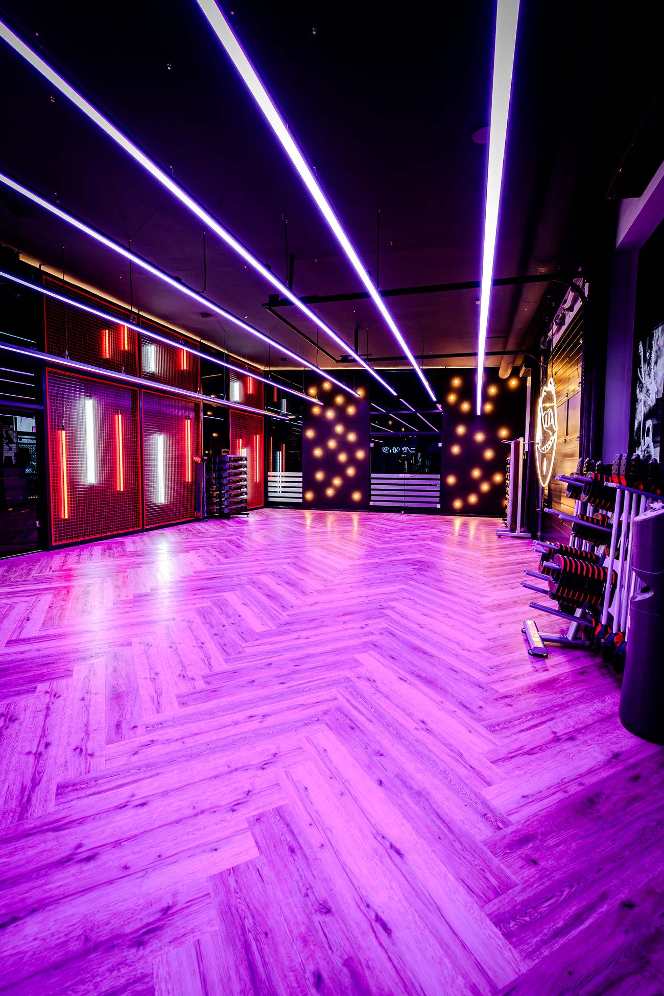 Kursraum des GymOne 24/7 Bitburg in magentafarbenem Licht mit Equipment